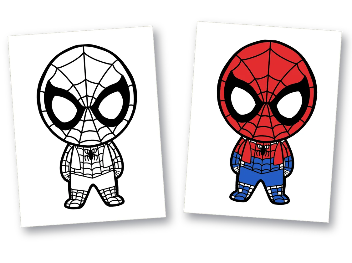 Desenho do Homem-Aranha em branco ao lado do mesmo desenho já colorido
