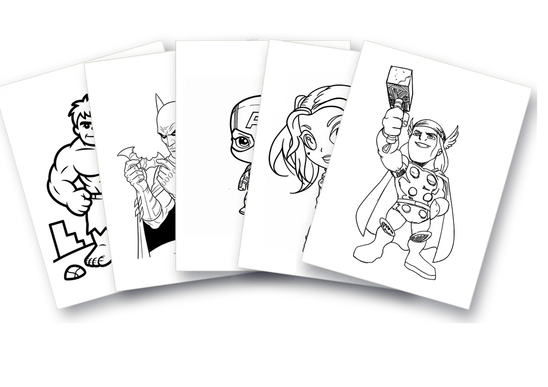 Várias folhas de desenhos de super-heróis impressas e espalhadas